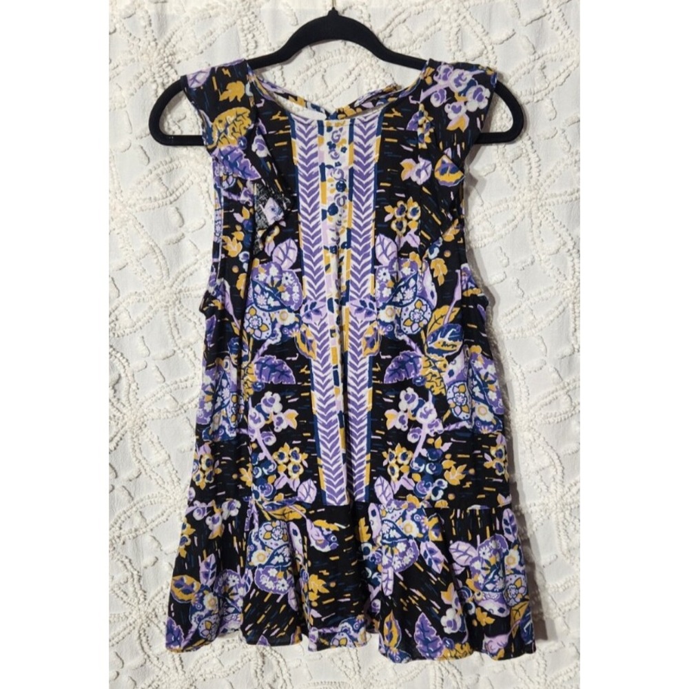 Free People Womens Floral Linen Tank Size Small Purple Black Ruffle Romantic Fem